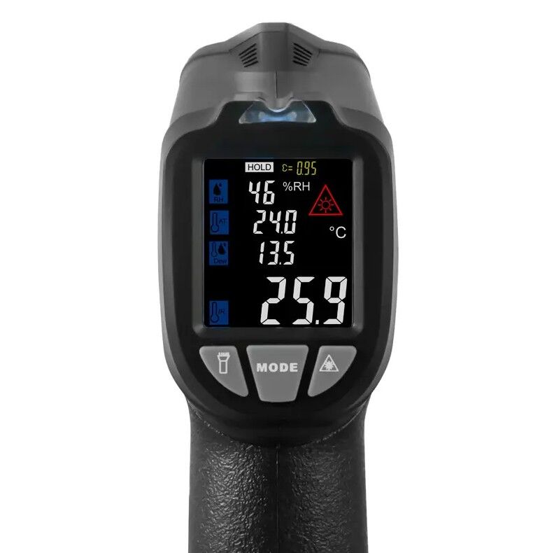 PCE Instruments PCE-675 Pirometro a infrarossi con puntatore laser e ingresso per sonde tipo K - Misura la temperatura superficiale e ambientale, l'umidità relativa e il punto di rugiada