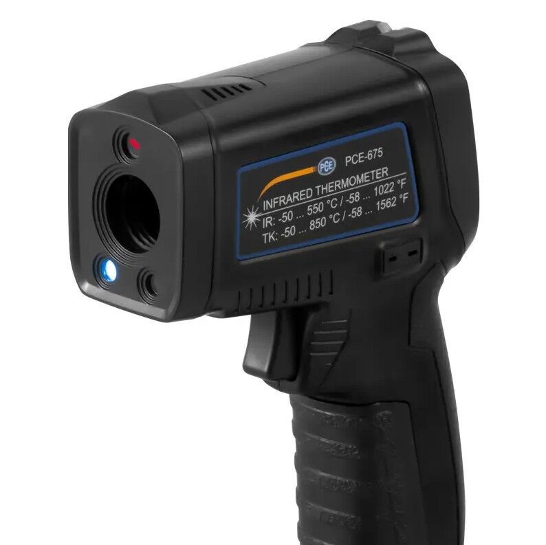 PCE Instruments PCE-675 Pirometro a infrarossi con puntatore laser e ingresso per sonde tipo K - Misura la temperatura superficiale e ambientale, l'umidità relativa e il punto di rugiada