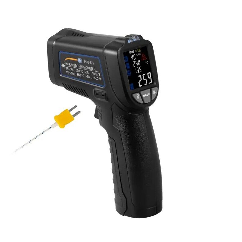 PCE Instruments PCE-675 Pirometro a infrarossi con puntatore laser e ingresso per sonde tipo K - Misura la temperatura superficiale e ambientale, l'umidità relativa e il punto di rugiada