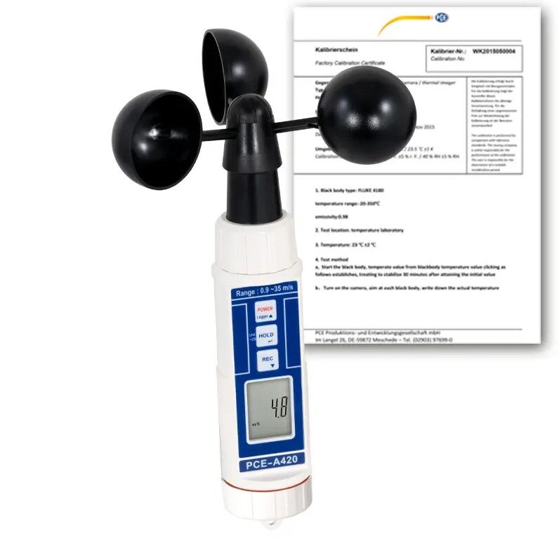 PCE Instruments PCE-A420-ICA Anemometro digitale a coppe, misura precisa del flusso d'aria senza influenza dalla direzione del vento, con certificato di calibrazione ISO