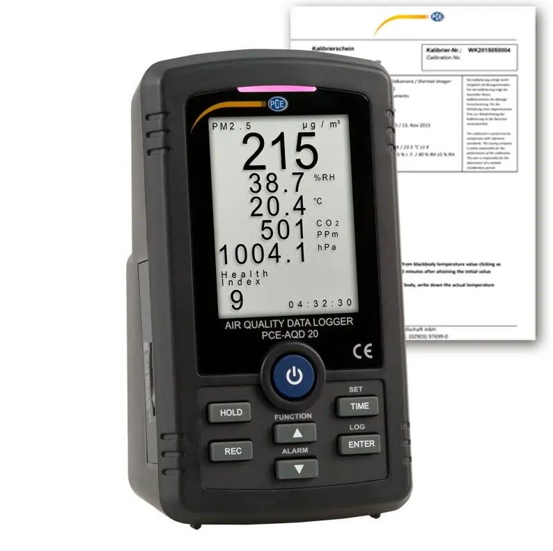 PCE Instruments PCE-AQD 20-ICA Analizzatore di particelle con 5 parametri, registrazione su scheda SD in xls, ampio display, alimentazione duale e certificazione ISO per CO2