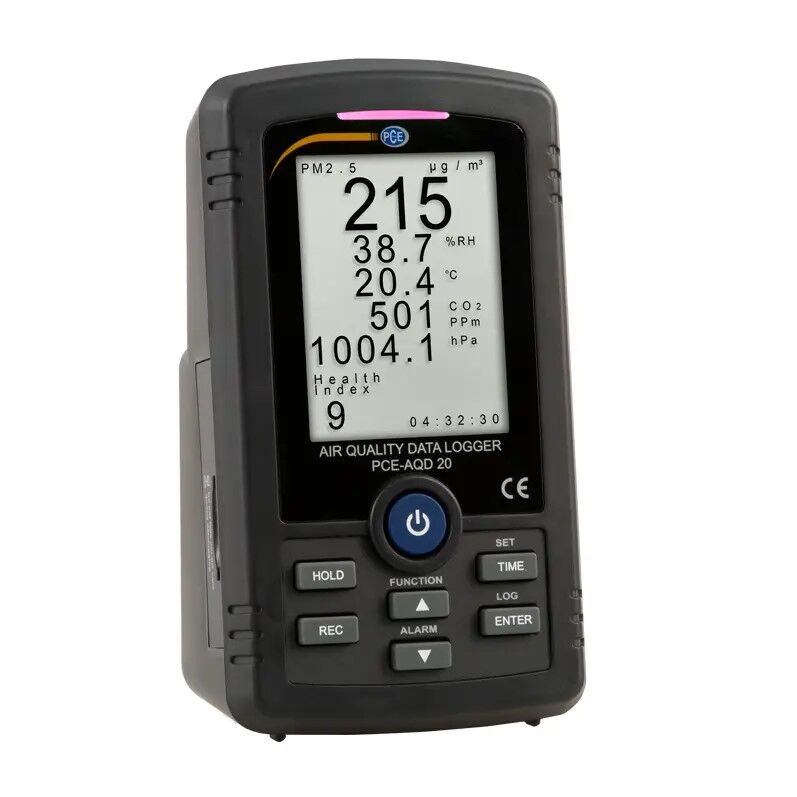 PCE Instruments PCE-AQD 20 Termoigrometro da 5 parametri, registrazione su SD in formato Excel, ampio display, alimentazione flessibile e funzione di allarme integrata
