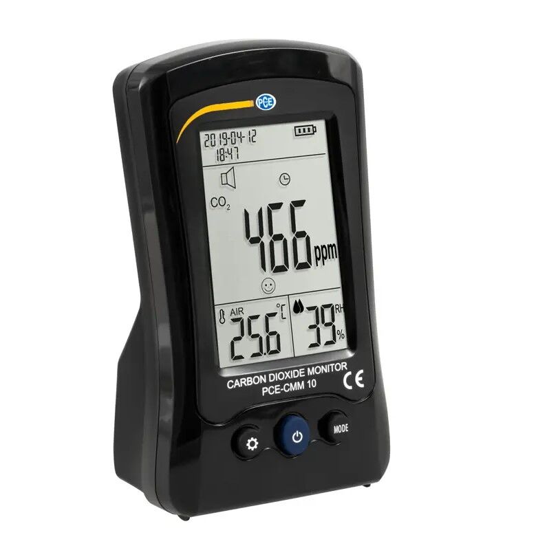 PCE Instruments PCE-CMM 10 Igrometro multifunzione a batteria con misurazione di CO2, temperatura e umidità, allarme visivo e acustico, display retroilluminato e ricarica USB