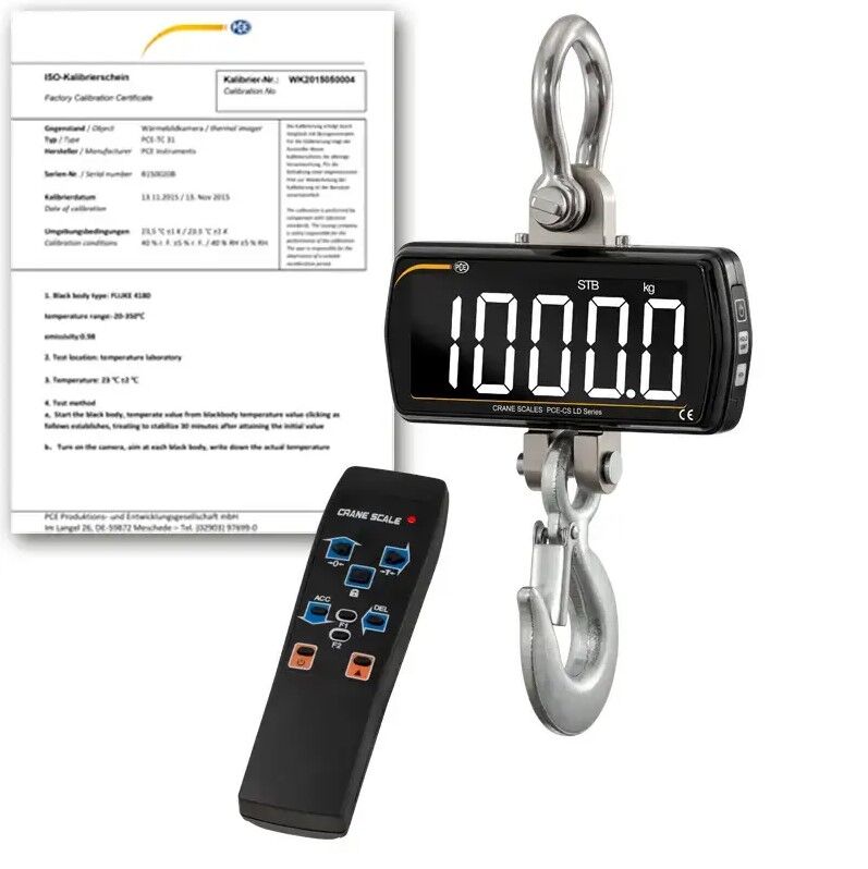 PCE Instruments PCE-CS-1000LD-ICA Bilancia a gancio con telecomando per misura fino a 1.000 kg, struttura metallica resistente, ampio display LCD, funzione somma e taratura ISO inclusa