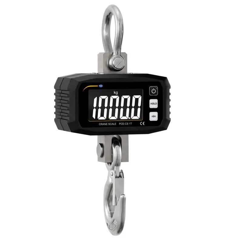 PCE Instruments PCE-CS 1T Weighing Hook 0-1000 kg with backlit LCD display, HOLD/TARE/MAX functions, robust metal structure