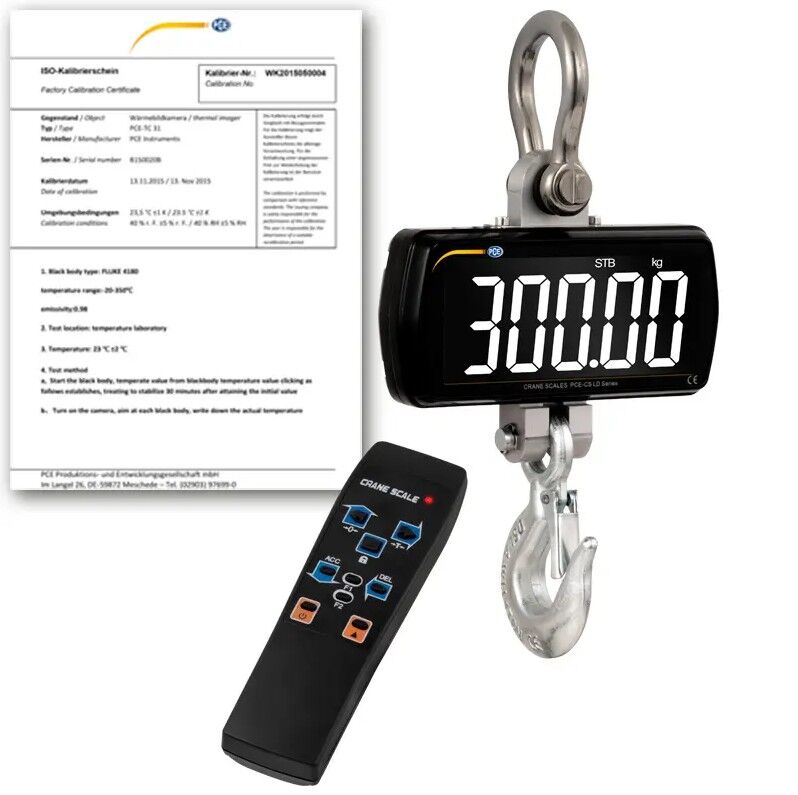 PCE Instruments PCE-CS 300LD-ICA Dynamometer with remote control, range 0-300kg, metal frame, backlit LCD display, ISO certified, advanced functions and different units of measurement
