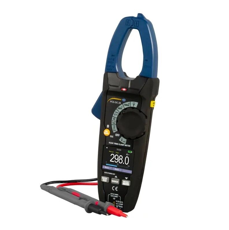 PCE Instruments PCE-DC-25 Amperometro Bluetooth misurazione corrente 0-1000 A AC/DC, temperatura, NCV, con pinza da 34 mm e optional bobina rogowski fino a 3000 A
