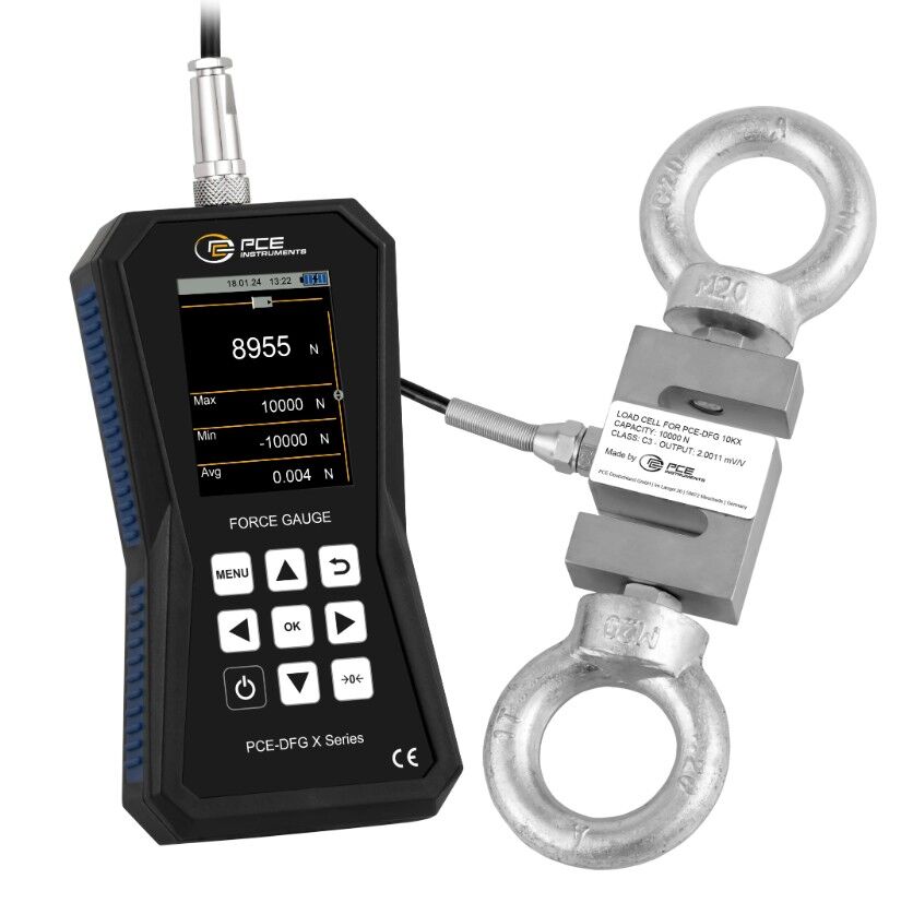 PCE instruments PCE-DFG 10K X Dynamometer mit externer 10.000-N-Kraftmessdose, Grafikdisplay, Datenaufzeichnung, inklusive Software, Speicherung von bis zu 30 Millionen Werten und Schutzart IP67