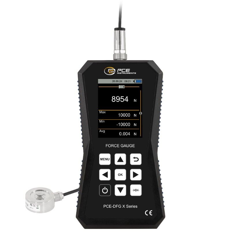 PCE Instruments PCE-DFG 10K XF Load cell with external sensor up to 10 kN for compression measurements in confined spaces with graphic display, data logger, alarms and integrated software