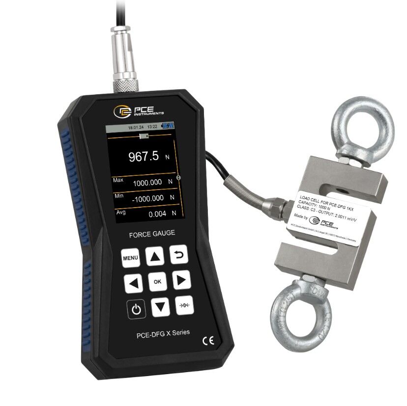 PCE Instruments PCE-DFG 1K X Dinamometro fino a 1 kN con cella di carico esterna, display grafico, data logger 32 GB, USB-C, allarmi e software per analisi dati