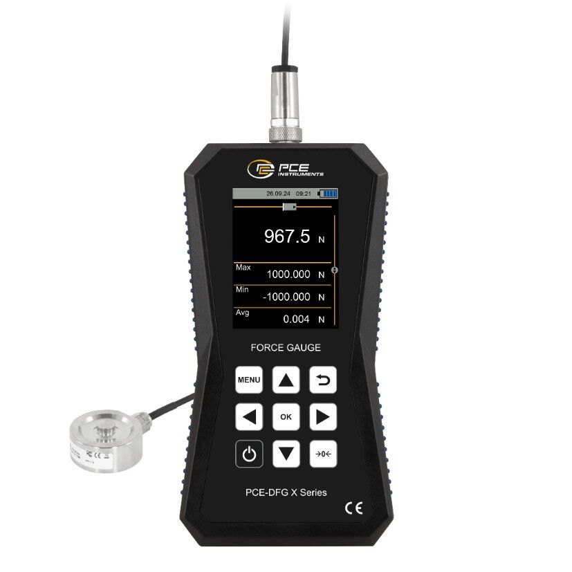 PCE Instruments PCE-DFG 1K XF Dinamometro fino a 1000N con cella di carico a pressione esterna, display grafico, data logger 32 GB, USB-C, allarmi e software per analisi dati