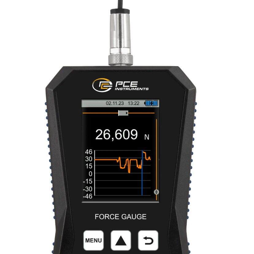 PCE Instruments PCE-DFG 1K XF Dinamometro fino a 1000N con cella di carico a pressione esterna, display grafico, data logger 32 GB, USB-C, allarmi e software per analisi dati
