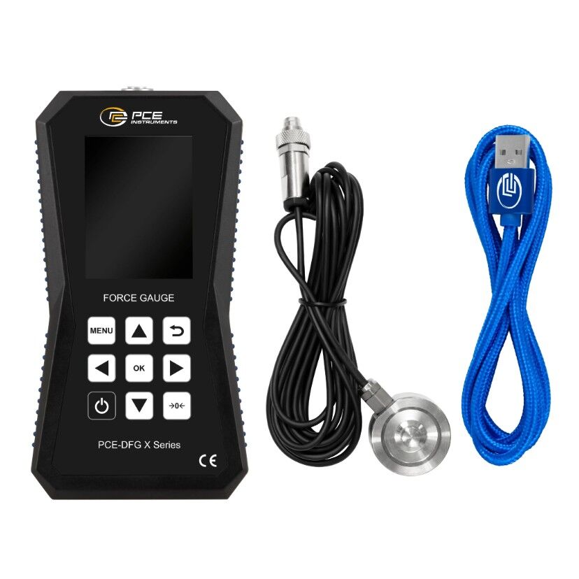 PCE Instruments PCE-DFG 1K XF Dinamometro fino a 1000N con cella di carico a pressione esterna, display grafico, data logger 32 GB, USB-C, allarmi e software per analisi dati