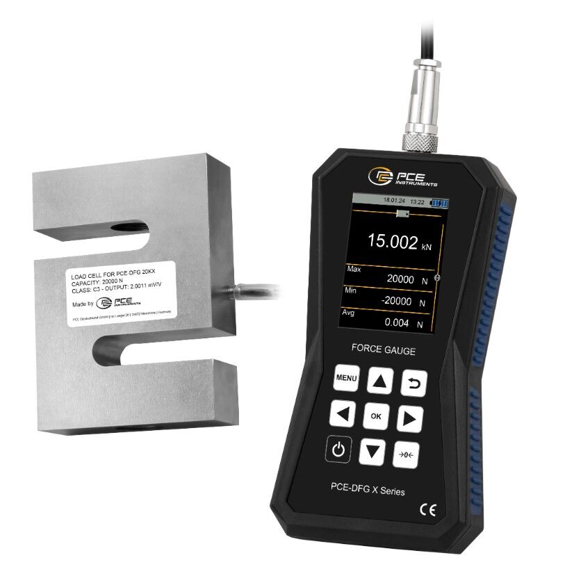 PCE Instruments PCE-DFG 20K X Dinamometro con cella di carico esterna da 20.000 N, allarmi personalizzabili, display grafico, registrazione dati e software incluso per misurazioni precise in laboratorio