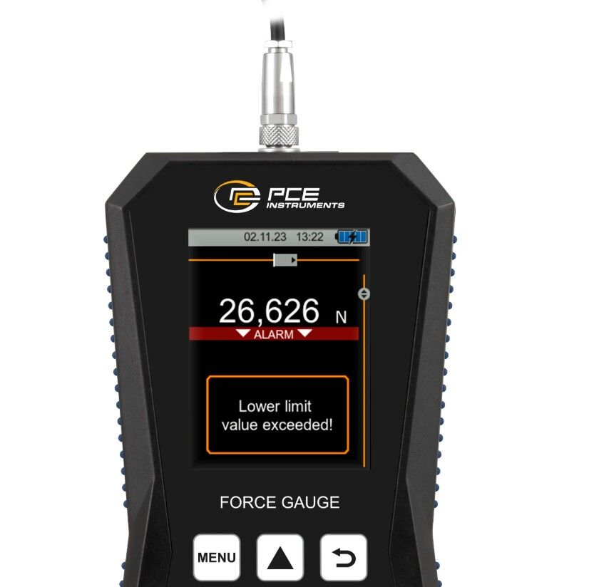 PCE Instruments PCE-DFG 20K X Dinamometro con cella di carico esterna da 20.000 N, allarmi personalizzabili, display grafico, registrazione dati e software incluso per misurazioni precise in laboratorio