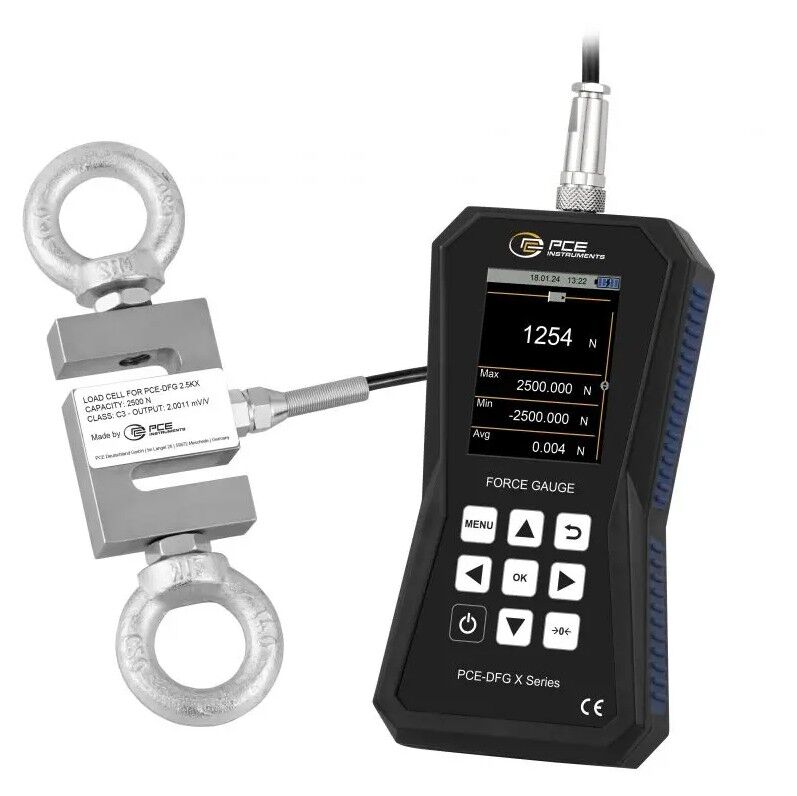PCE Instruments PCE-2K5 X Dinamometro con cella di carico esterna fino a 2.500 N per misure di trazione e compressione con display grafico, data logger e software di analisi incluso