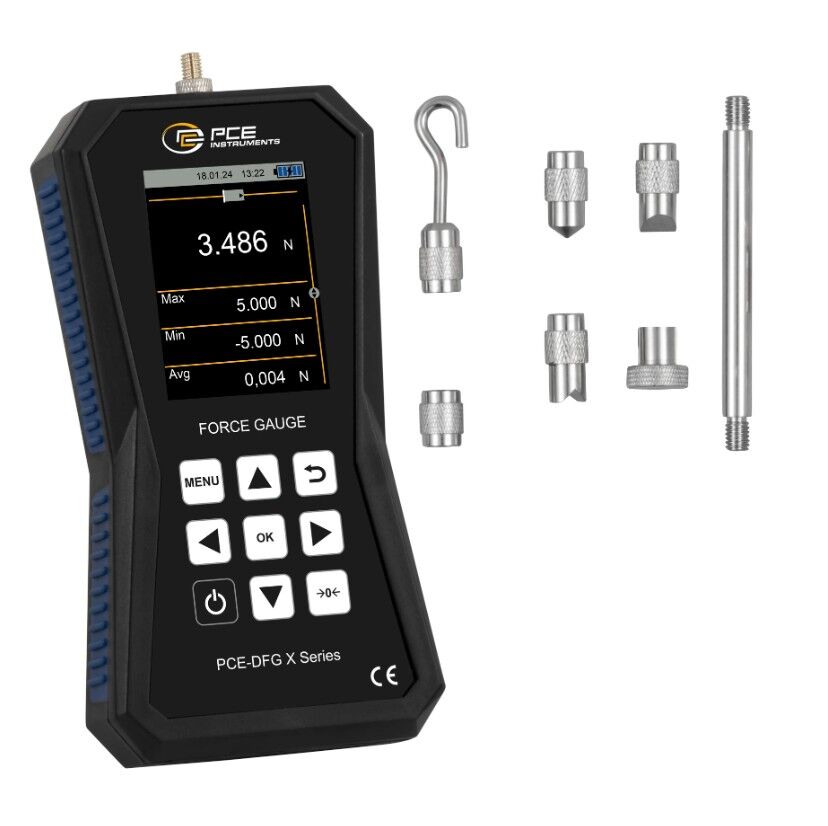 PCE Instruments PCE-DFG 5 X Dinamometro con cella di carico da 5N, consente di misurare le forze di trazione e quelle di compressione, range di misura da 0 a 5N