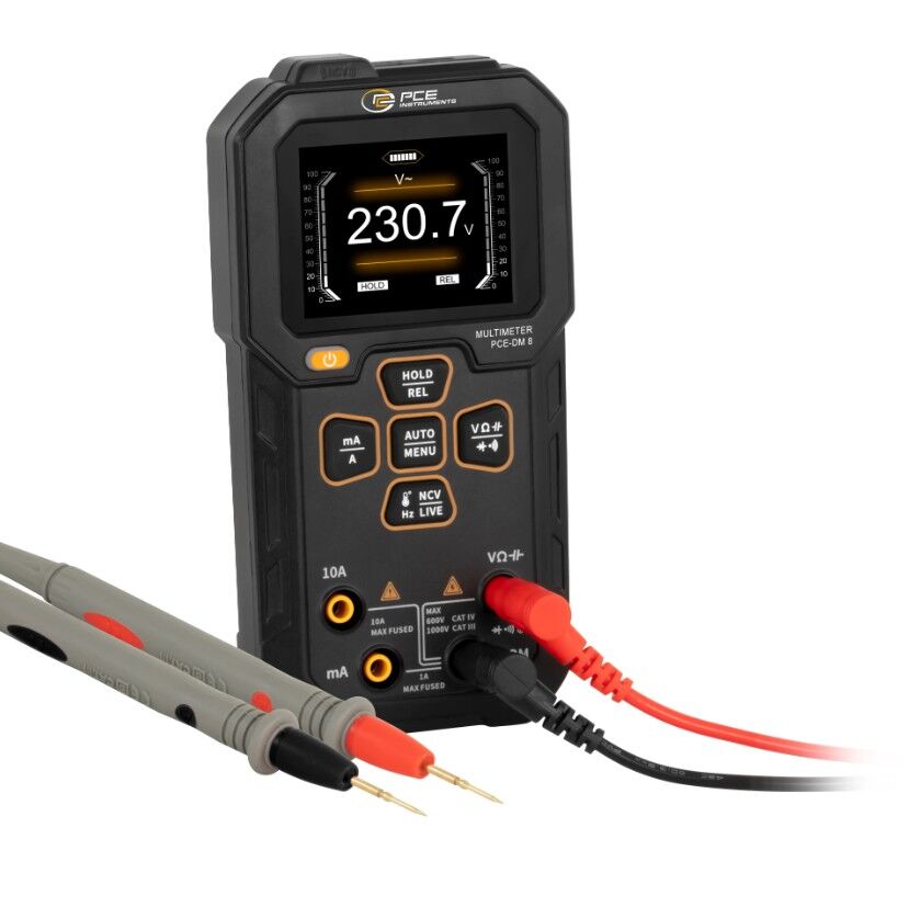 PCE Instruments PCE-DM 8 Multimetro compatto con display TFT 2,4", NCV, registrazione valori, allarmi a soglia, test diodi, continuità e protezione sovraccarico CAT IV 600V