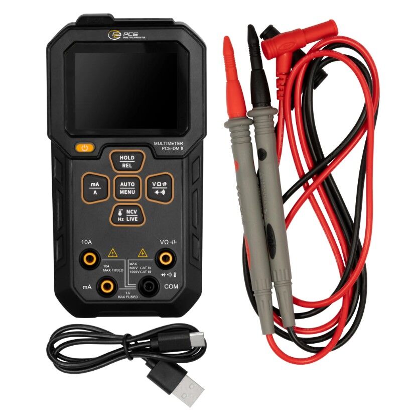PCE Instruments PCE-DM 8 Multimetro compatto con display TFT 2,4", NCV, registrazione valori, allarmi a soglia, test diodi, continuità e protezione sovraccarico CAT IV 600V
