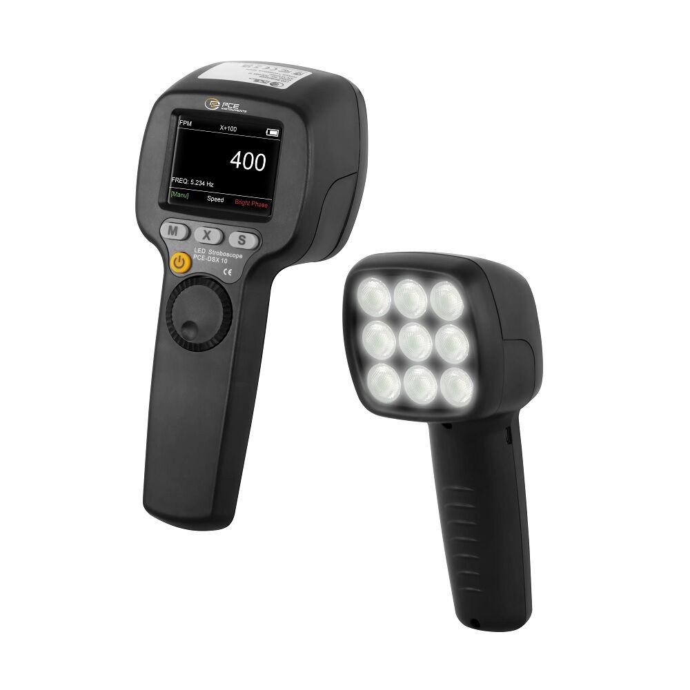 PCE Instruments PCE-DSX 10-ICA Stroboscopio digitale dotato di 9 potenti LED, un'intensità luminosa di 1500 lux e una frequenza flash regolabile in FPM e Hz con rapporto di taratura ISO incluso
