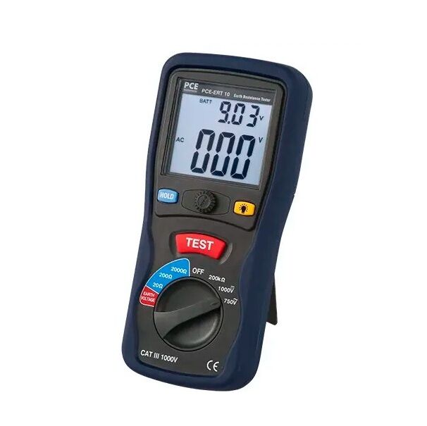PCE Instruments PCE-ERT 10 Misuratore di resistenza di terra fino a 2000 Ohm con metodo a 3 cavi, misura tensione AC/DC, azzeramento, display LCD e picchetti inclusi.