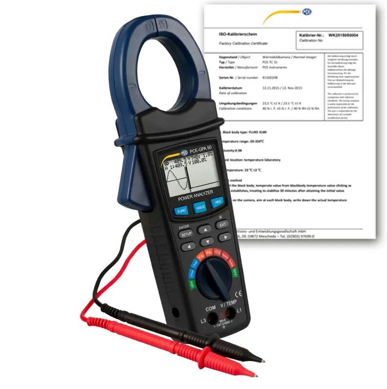 PCE Instruments PCE-GPA 50-ICA Amperometro per misurare il consumo delle apparecchiature elettriche monofase e trifase, campo di misura per tensione alternata da 10 a 600V