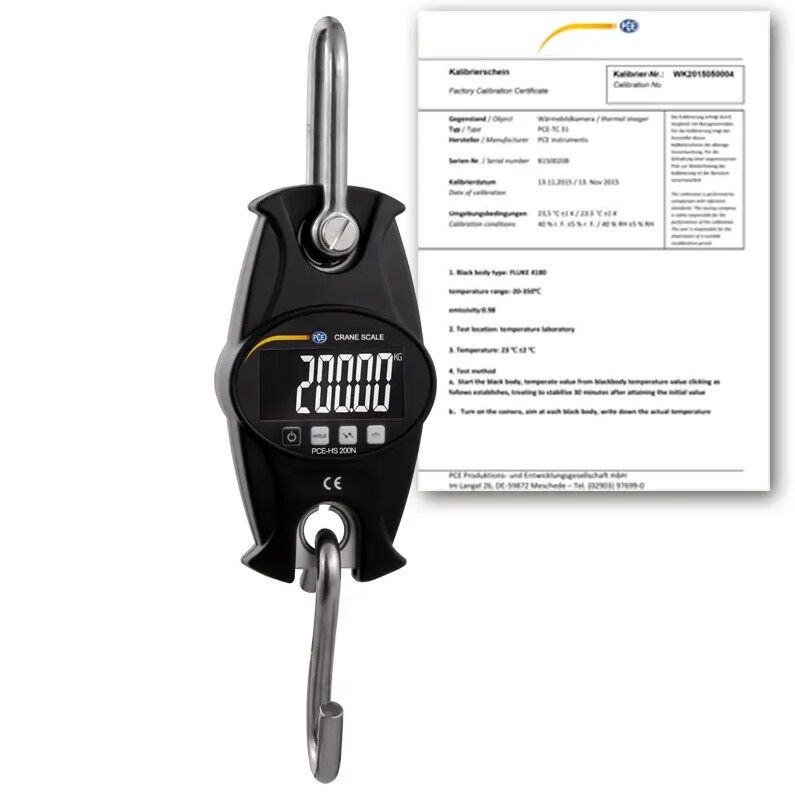 PCE Instruments PCE-HS 200N-ICA Bilancia a gancio 200 kg in metallo con display LCD, funzione HOLD, spegnimento automatico, alimentazione a batterie, certificazione ISO
