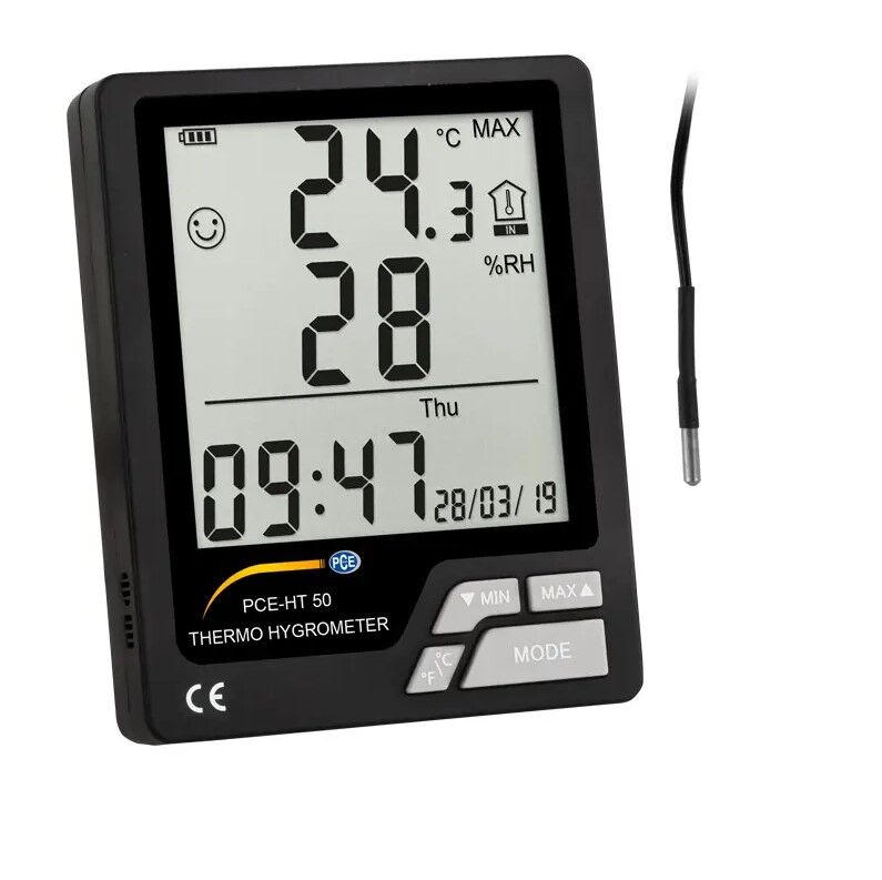 PCE Instruments PCE-HT 50 Psicrometro da interno con sensore di temperatura esterno, ampio display, data, ora e sveglia integrati, alimentazione a batterie, ideale per casa e ufficio