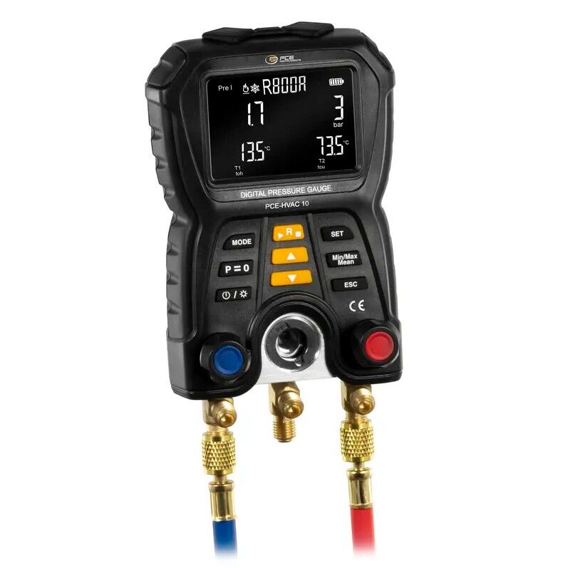 PCE Instruments PCE-HVAC 10 Manometro digitale per refrigerazione e pompe di calore, misura pressione fino +60 bar e temperatura fino +200 °C, 83 refrigeranti, valvole 3 vie UNF