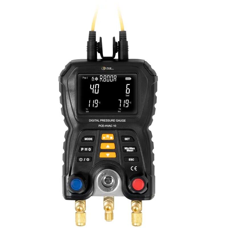 PCE Instruments PCE-HVAC 10 Digitales Druckmessgerät für Kälte- und Wärmepumpen, misst Druck bis +60 bar und Temperatur bis +200 °C, 83 Kältemittel, 3-Wege UNF-Ventile