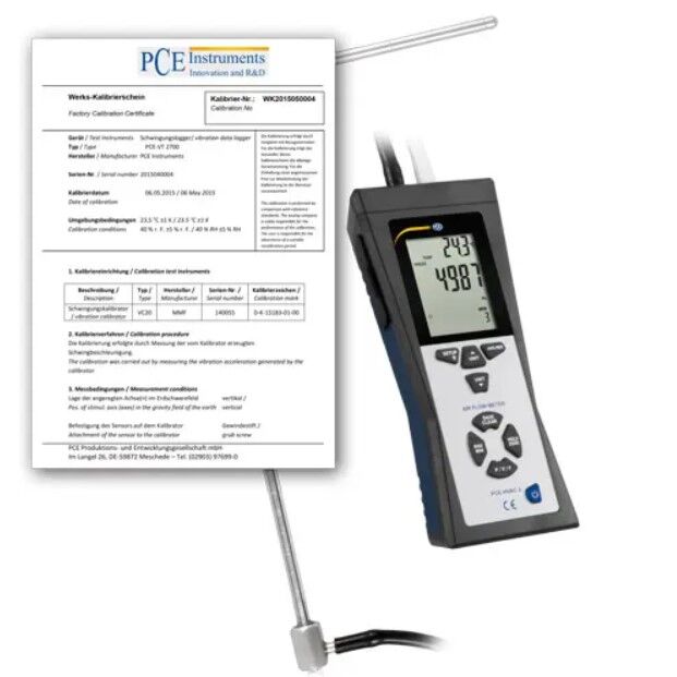 PCE Instruments PCE-HVAC 2-ICA Digitalmanometer mit Pitotrohr, misst geschwindigkeit, druck, durchfluss und temperatur mit hinterleuchtetem LCD-display und USB