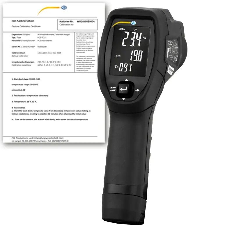 PCE Instruments PCE-ILD 10-ICA Sensore di temperatura portatile, misura da -50 a 500 °C con puntatore laser, allarmi visivi, struttura robusta e certificazione ISO per applicazioni professionali