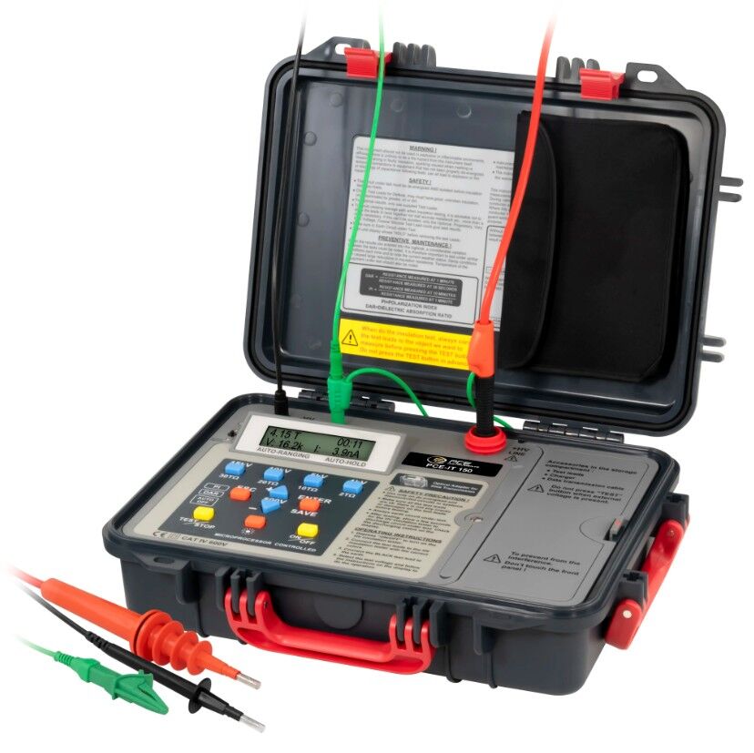 PCE Instruments PCE-IT 150 Tester per impianti fino a 15 kV, misura isolamento fino a 30 Teraohm, PI/DAR, memoria 200 dati, display con data/ora, allarme tensione e spegnimento auto