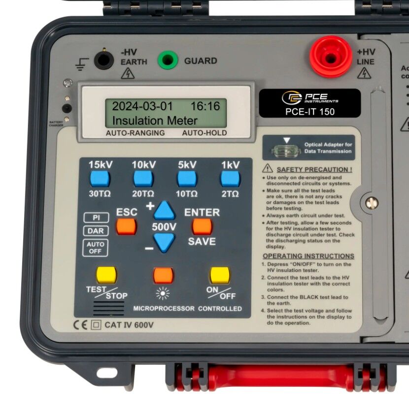 PCE Instruments PCE-IT 150 Tester per impianti fino a 15 kV, misura isolamento fino a 30 Teraohm, PI/DAR, memoria 200 dati, display con data/ora, allarme tensione e spegnimento auto