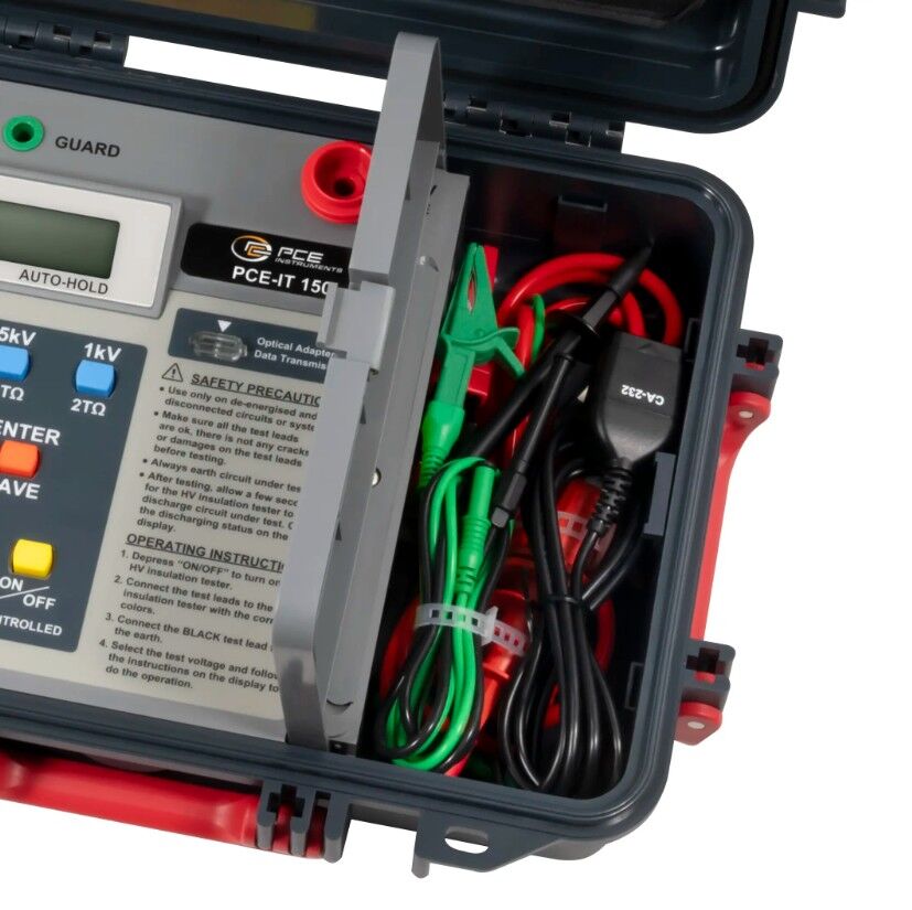 PCE Instruments PCE-IT 150 Tester per impianti fino a 15 kV, misura isolamento fino a 30 Teraohm, PI/DAR, memoria 200 dati, display con data/ora, allarme tensione e spegnimento auto