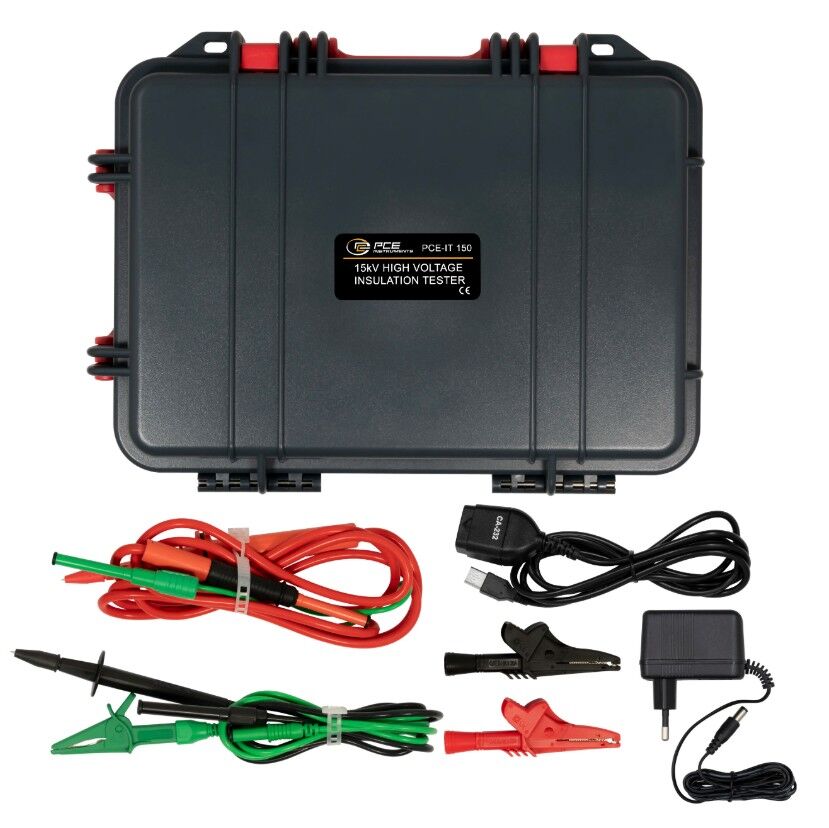 PCE Instruments PCE-IT 150 Tester per impianti fino a 15 kV, misura isolamento fino a 30 Teraohm, PI/DAR, memoria 200 dati, display con data/ora, allarme tensione e spegnimento auto