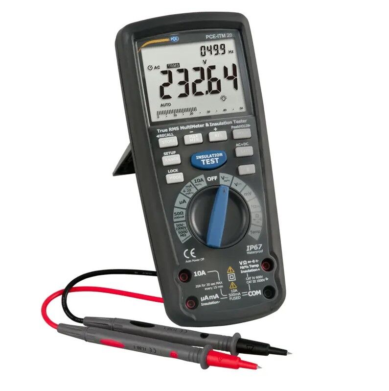 PCE Instruments PCE-ITM 20 Amperometro, multifunzione con misurazione di isolamento, tensione fino a 1000V, display LCD, memoria interna e protezione IP67