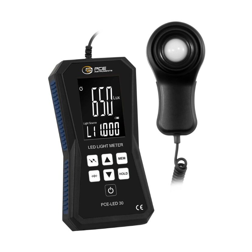 PCE Instruments PCE-LED 30 Professionelles Luxmeter für schnelle und genaue Lichtmessung mit externem Sensor 1,5m - 2,5 Messungen/sec, automatische Bereichswahl und Lux/fc Messung