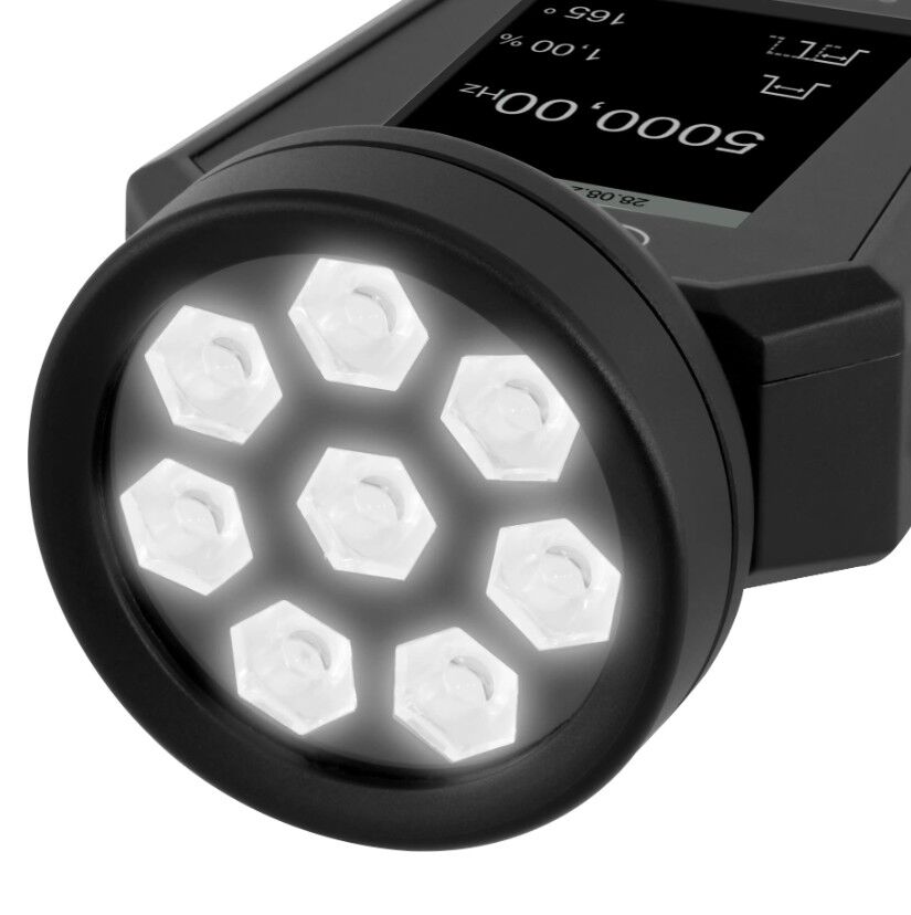 PCE Instruments PCE-LES-308 Stroboscopio tascabile con 8 LED ad alta potenza, regolazione della frequenza e fase, display LCD a colori e batteria ricaricabile per analisi precise e rapide