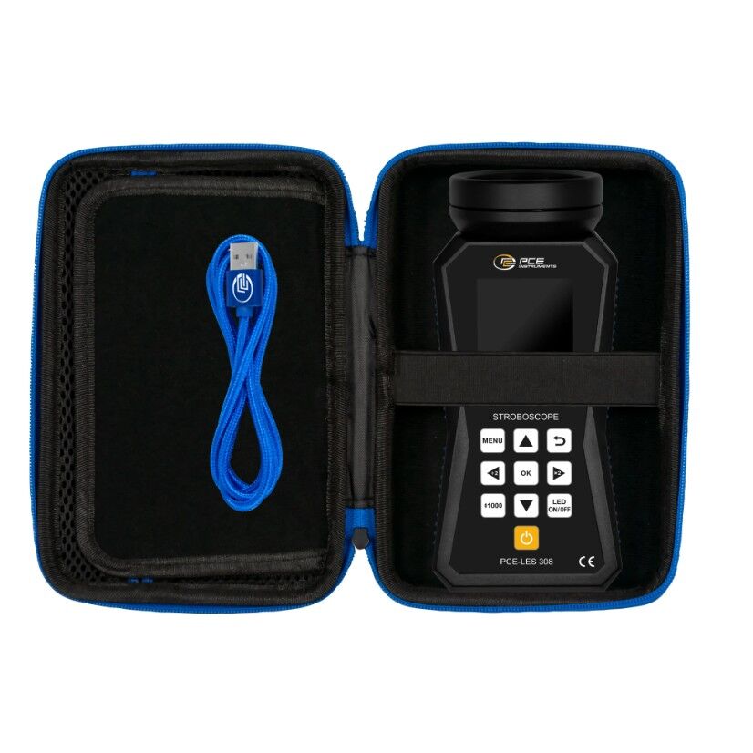 PCE Instruments PCE-LES-308 Stroboscopio tascabile con 8 LED ad alta potenza, regolazione della frequenza e fase, display LCD a colori e batteria ricaricabile per analisi precise e rapide