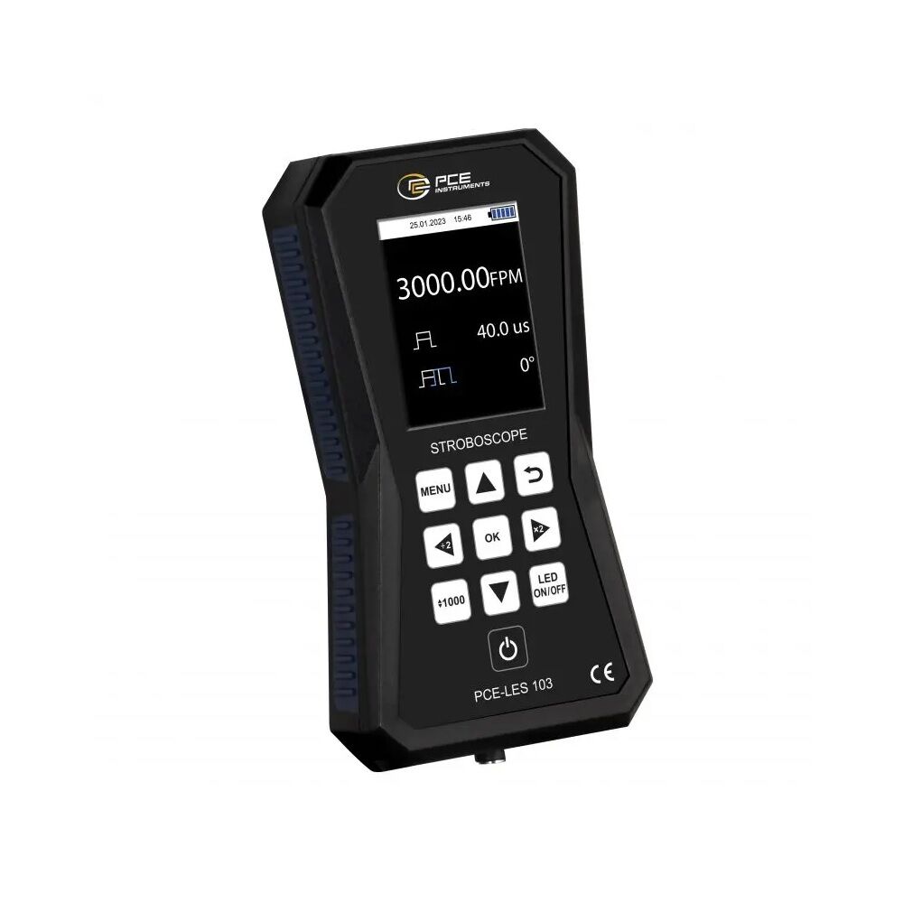 PCE Instruments PCE-LES 103 Stroboscopio con 3 LED ad alta potenza, intensità flash 6160 lux a 30 cm e 1000 Hz e ampiezza dell'impulso regolabile in percentuale, gradi o tempo