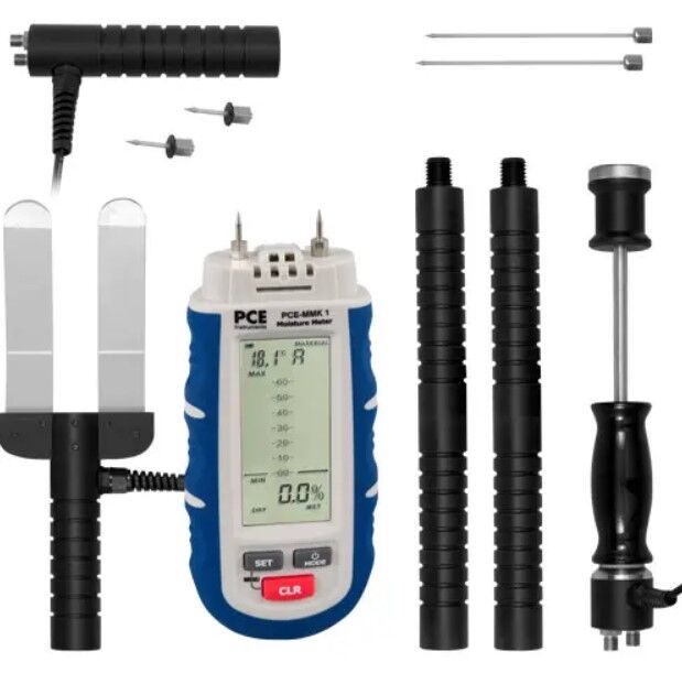 PCE Instruments PCE-MMK 1 Moisture meter for wood, building materials, paper, and cardboard with adaptable probes, manual temperature compensation, and percentage display for precise results