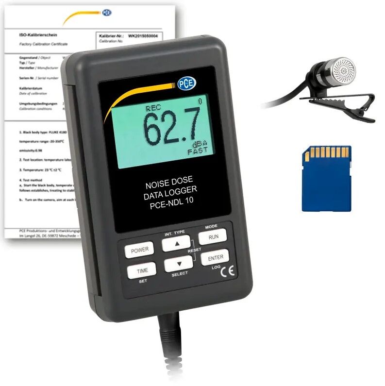 PCE Instruments PCE-NDL 10-ICA Data logger, portable instrument for measuring sound levels, with ISO certification, USB interface, and sampling up to 3600 seconds