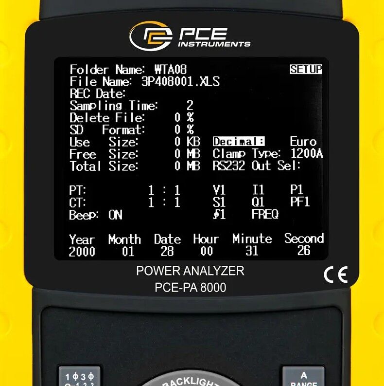 PCE Instruments PCE-PA 8000 Amperometro trifase e misuratore di energia, tempo reale, con registrazione su memory card SD