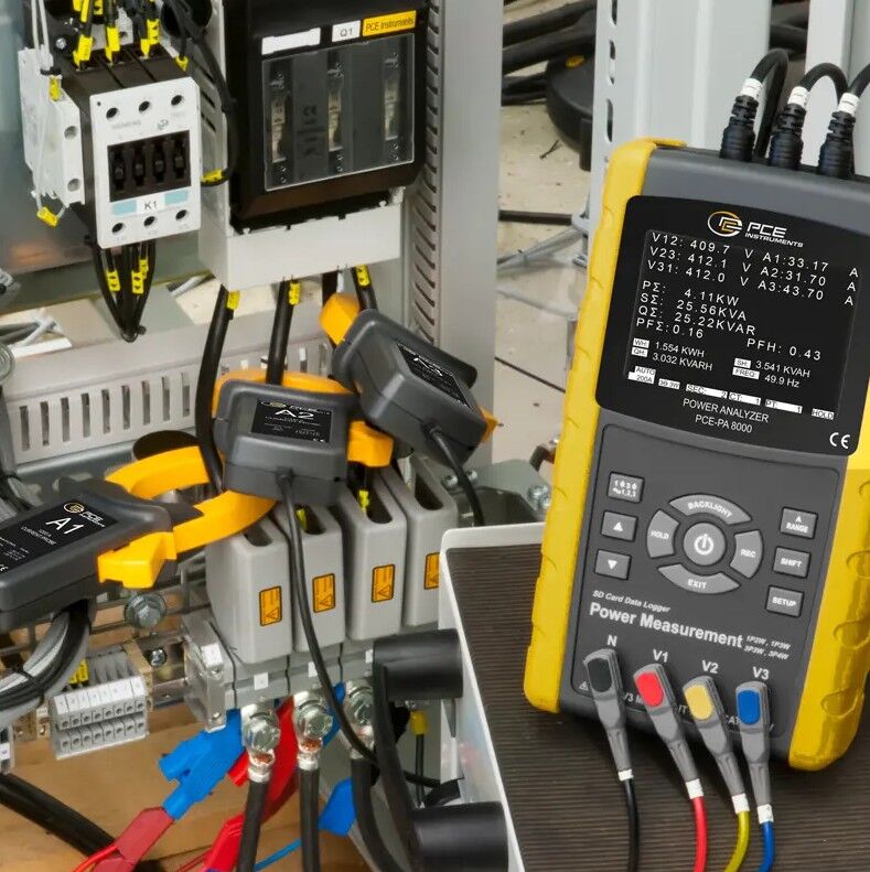 PCE Instruments PCE-PA 8000-ICA Three-phase ammeter and energy meter, real-time measurement, with recording on SD memory card, ISO certification included