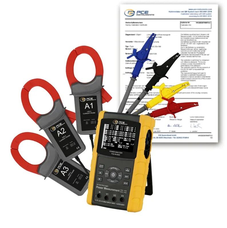 PCE Instruments PCE-PA 8000-ICA Three-phase ammeter and energy meter, real-time measurement, with recording on SD memory card, ISO certification included