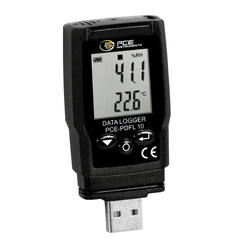 PCE Instruments PCE-PDFL 10 Datalogger per temperatura, umidità e pressione atmosferica con display LCD, memoria 13.340 valori, esportazione dati PDF/CSV, software e USB-A