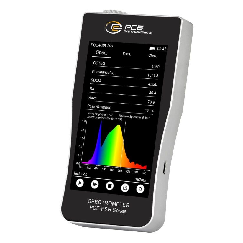 PCE Instruments PCE-PSR 200 Misuratore cromatico ad alta precisione per analisi della luce e del colore, coordinate cromatiche, CRI e temperatura colore CCT con touchscreen e salvataggio dati