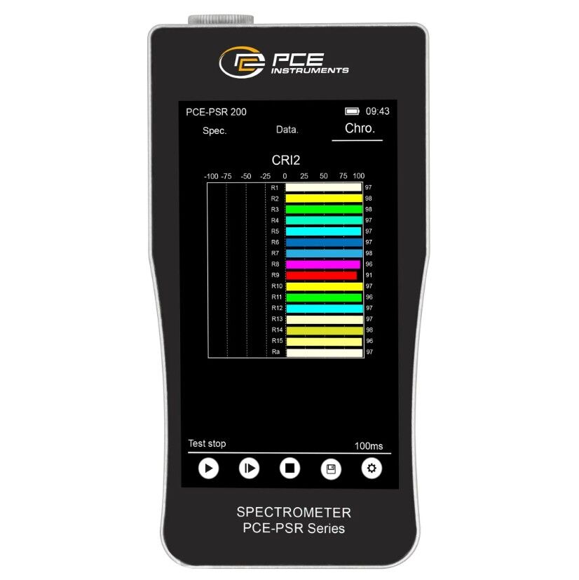 PCE Instruments PCE-PSR 200 Hochpräzises Farbmessgerät für Licht- und Farbanalyse, Farbkoordinaten, CRI und CCT-Farbtemperatur mit Touchscreen und Datenspeicher