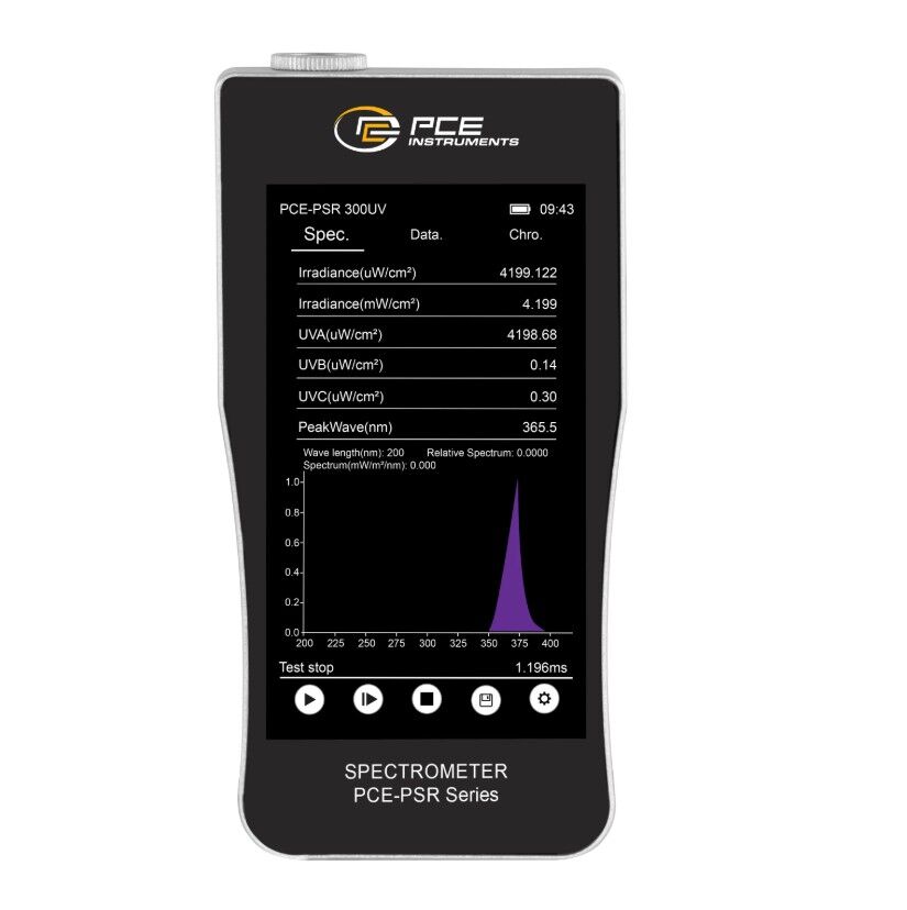 PCE Instruments PCE-PSR 300UV Misuratore cromatico UV ad alta precisione per analisi spettrali, coordinate cromatiche, CRI e irradiamento UV-A/B/C con touchscreen e salvataggio dati